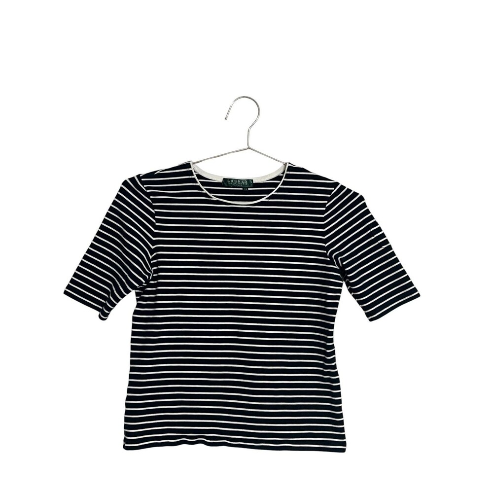 Polo Ralph Lauren Petite Navy Blue and White Short Sleeve Blouse W Size S Petite